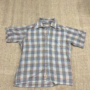 Vintage Sears Button Up Shirt Mens Large Blue 1970s Short Sleeve Plaid